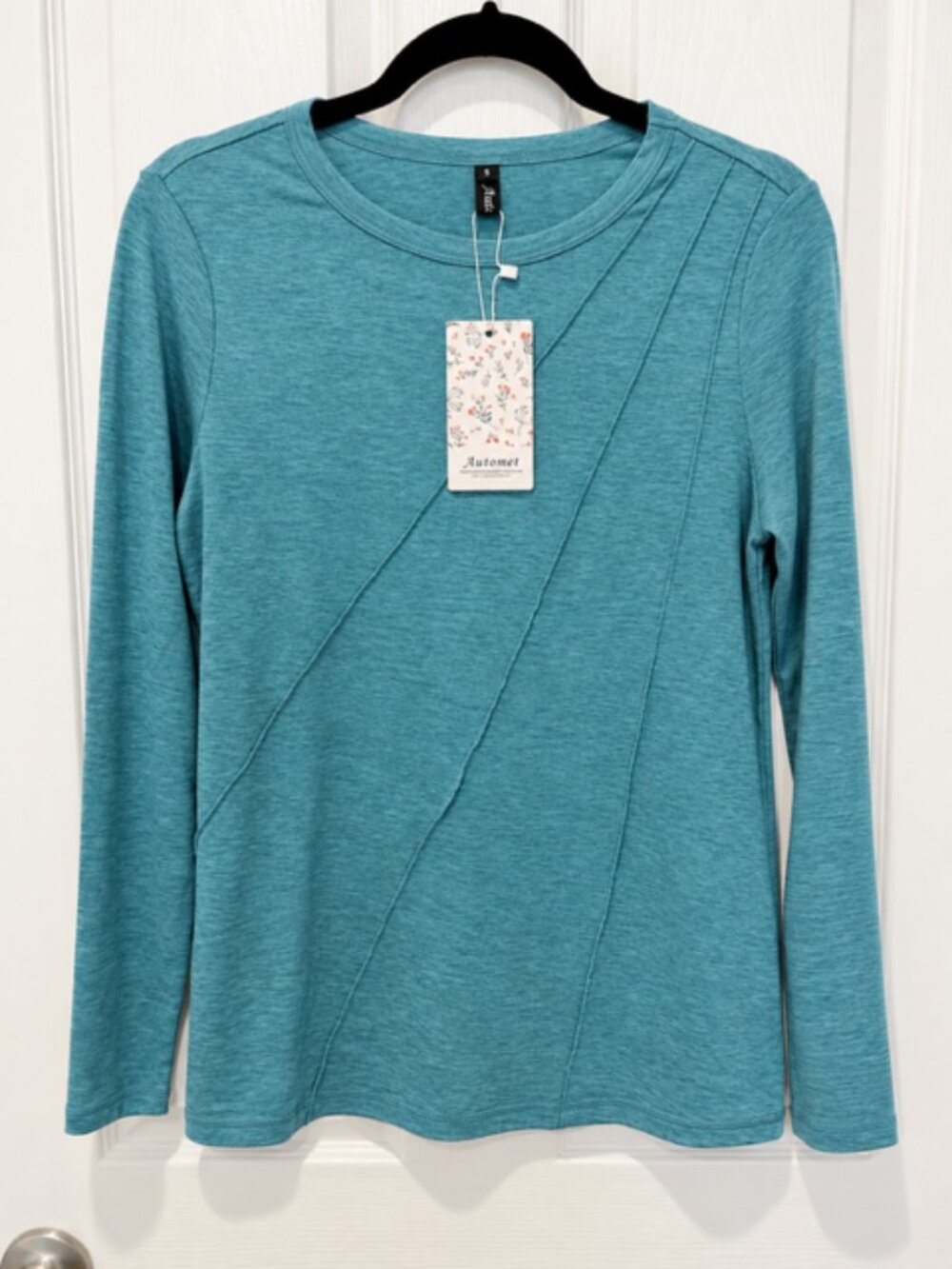 Automet Womens S Teal Long Sleeve Top Crew Neck Stretch Seam Detail NWT